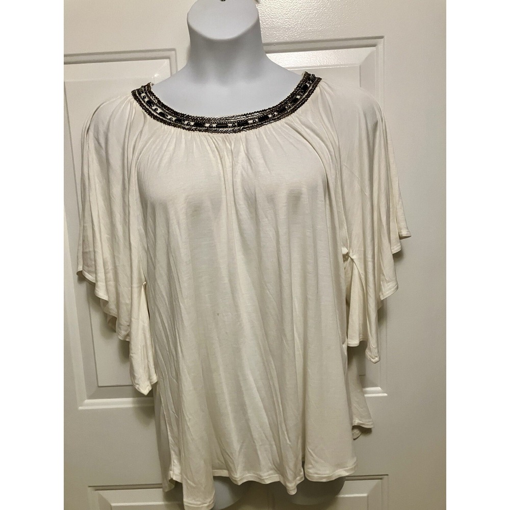 Design History Ivory Beaded Neckline Flutter Sleeve Top Sz XL‎ Women’s